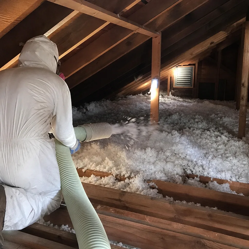 Technician in protective gear installing blown-in attic insulation