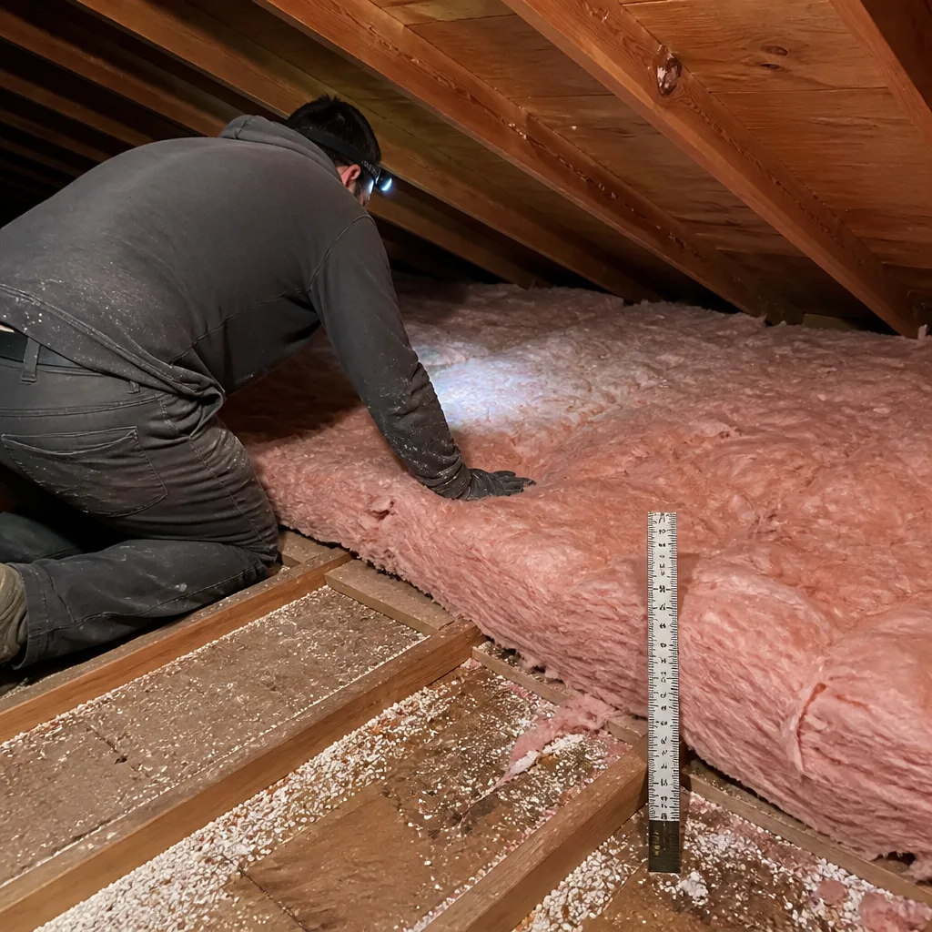 Technician measuring attic fiberglass insulation thickness with a ruler