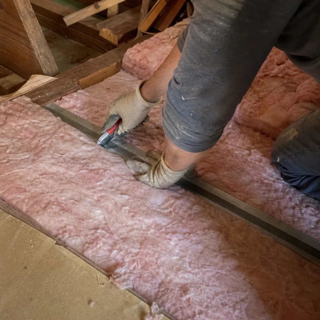 Worker cutting pink fiberglass attic insulation with a utility knife