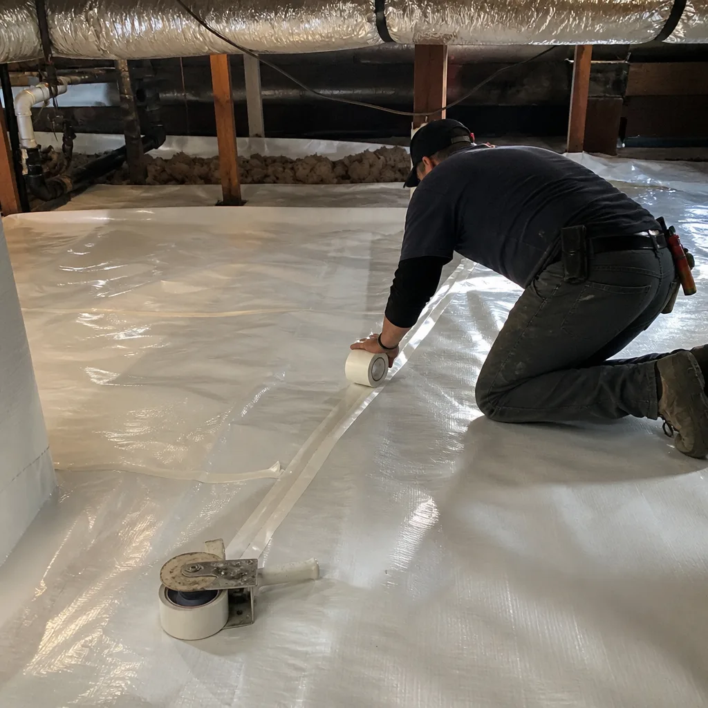 Technician installing white vapor barrier and sealing seams in crawl space
