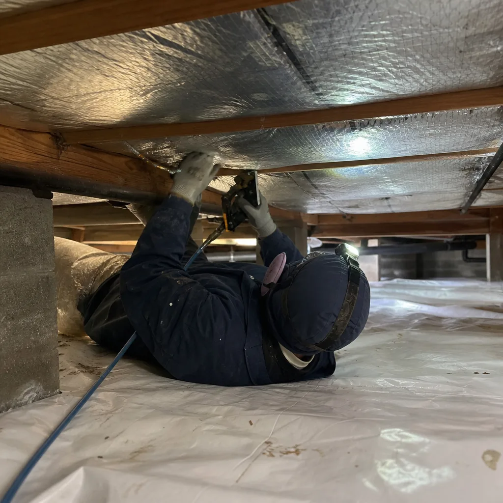 Technician installing professional crawl space vapor barrier and insulation